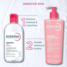 Micellar water bottle with red cap and front label, 500 ml