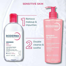 Bioderma Sensibio H2O micellar water bottle with pink cap, alongside a pink pump bottle