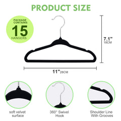 15Pcs Non-Slip Velvet Kids Hangers, Premium Baby Clothes Hangers with 360 Chrome Swivel Hook, Non Slip Toddler Hangers for Kids and Children Clothes Space saving (Black)
