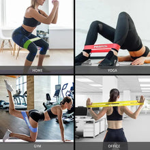 Resistance loop band set used for exercise with black leggings; green, yellow, and blue bands