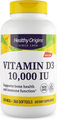 Healthy Origins Vitamin D3 (Lanolin) 10,000 IU Softgel - 1 Year Supply - Bone Health and Immune Support Supplement - Easily Absorbable Vitamin D - Gluten-Free Vitamin D3 Supplement - 360 Softgels