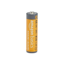 AA alkaline battery with orange label and gray top, plus sign on the terminal