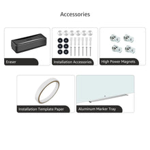 White glass dry-erase magnetic board accessories set: eraser, magnets, tray