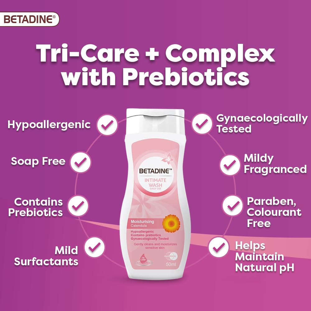 Betadine intimate wash moisturizing calendula bottle showing Tri Care Complex with prebiotics and hypoallergenic benefits