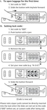 TSA lock instruction diagram showing code setup and slider button steps