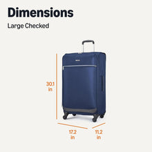 Navy softside spinner suitcase shown from the side with telescoping handle