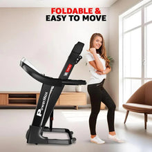 Foldable treadmill with black frame and raised deck, shown in a compact upright position.