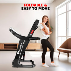 Cinta de correr motorizada plana PowerMax Fitness TDM-97 (4 HP pico) para el hogar [Velocidad: 10 km/h, Peso máximo del usuario: 100 kg, Plegable, 12 programas de entrenamiento, MP3] Asistencia gratuita para la instalación (hazlo tú mismo)