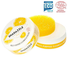 Multi-purpose cleaner jar with yellow sponge and Eco detergent certification badges