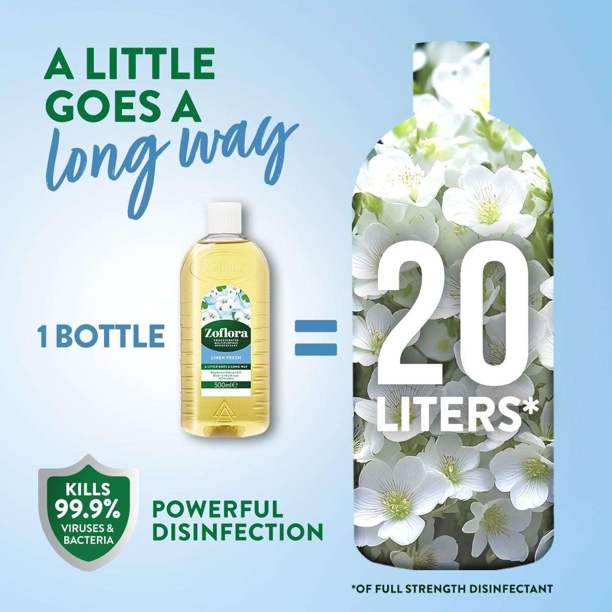 Zoflora Multipurpose Disinfectant - Linen Fresh- 500 ml | Anti-bacterial | All surface Cleaner | Home, Kitchen & Bathroom Cleaning | Eliminates Odour | 24 Hours fragrance - Mumzar