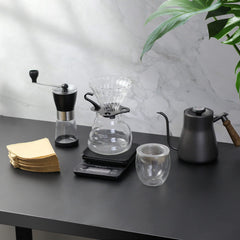 Pour Over Coffee Maker set, V60 Kit with Portable Carry Case, Kettle with Thermometer, Drip Filter Share Pot,Filters, Coffee Scale, Double wall Mug, Manual Grinders