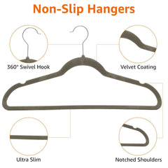 Slim, Velvet, Non-Slip Suit Clothes Hangers, Gray/Silver - Pack of 50