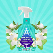 Bathroom cleaner spray bottle, teal with white trigger; White Jasmine & Basil floral