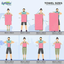 Microfiber towel sizes chart with labeled dimensions for multiple sizes