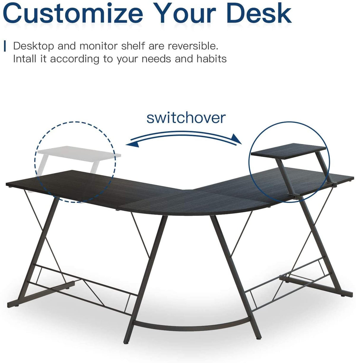 L-Shaped Computer Desk｜Gaming Desk ｜PC Workstation｜Home Office Desk｜Corner Desk Study Desk with Removable Monitor Stand for Home Office Study Writing Workstation,129 * 46 * 71cm,Black