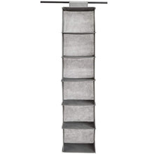 Gray 6-tier hanging shelf organizer with fabric bins and a black hanging top bar