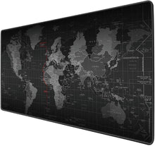 Large black world map gaming mouse pad with anti-slip rubber base and stitched edge