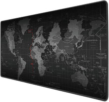 Large black world map gaming mouse pad with anti-slip rubber base and stitched edges