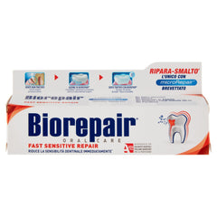 Biorepair toothpaste for sensitive teeth. White box with blue Biorepair logo for fast enamel repair
