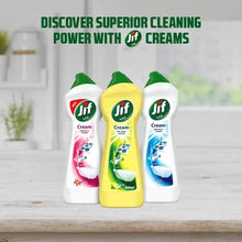 Jif Cream cleaners set of three bottles with green caps (lemon-yellow, pink, blue)