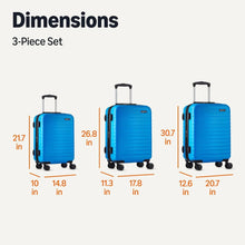 Stacked blue hardside spinner suitcases in three sizes with telescoping handles