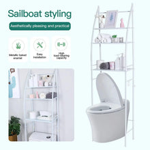 White 3-tier toilet storage shelf rack with open shelves and front toilet holder