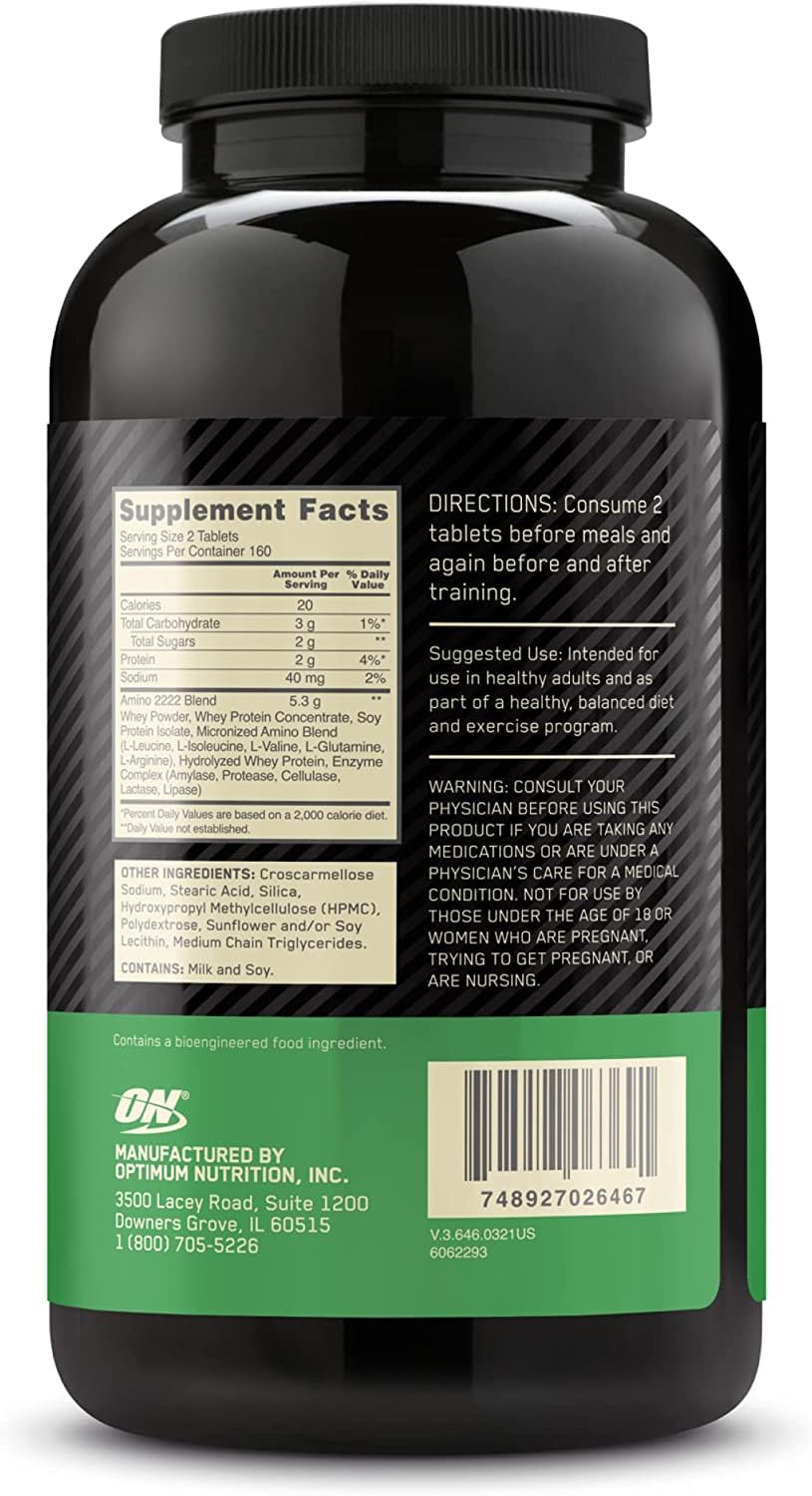 Optimum Nutrition (ON) Superior Amino 2222 Tablets, Complete Essential Amino Acids, EAAs to Maintain Muscle Tissue - 320 Tablets