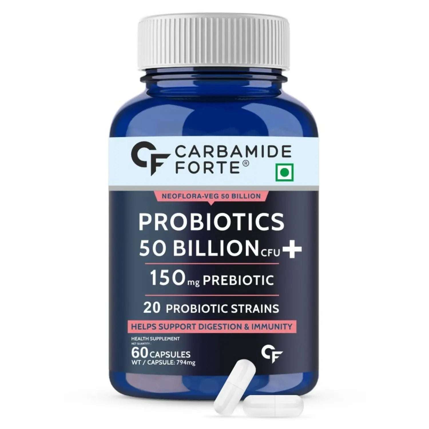 Carbamide Forte Probiotics 50 Billion capsules with 150mg prebiotic for improved digestion and immunity support