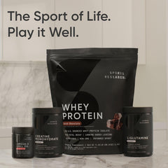 Sports Research supplement lineup with whey protein and jars including krill oil supplement 1000mg for heart and joint support