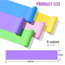 Five colored latex resistance bands stacked flat for strength, stretching, and yoga