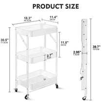 White 3-tier rolling cart with mesh shelves, foldable side panels, and caster wheels