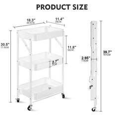 3 Tier Foldable Metal Rolling Utility Cart Organizer, 46x30x76cm Multipurpose Organizer Trolley with Casters for Kitchen, Bedroom, Bathroom, Office, Laundry Room and Garage White