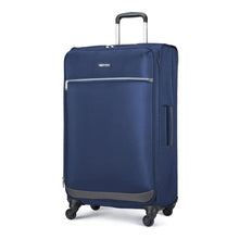 Navy softside spinner suitcase with telescoping handle and four rolling wheels