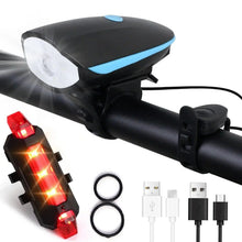 Bike headlight and rear reflector light set, black housing with blue accent stripe