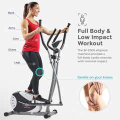Máquina elíptica magnética Sunny Health &amp; Fitness, máquina de entrenamiento corporal completo con monitor LCD y agarres para medir el pulso, equipo de cardio para el hogar, SF-E905
