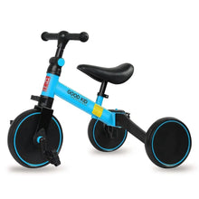 Blue kids balance bike tricycle with black seat, handlebar, and three wheels with blue rims