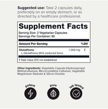 Supplement Facts label for glutathione: serving size 2 vegetarian capsules, 1,000 mg