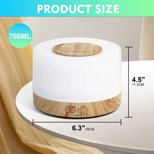 700 ml aroma diffuser with white top and wood base, showing size diagram and controls