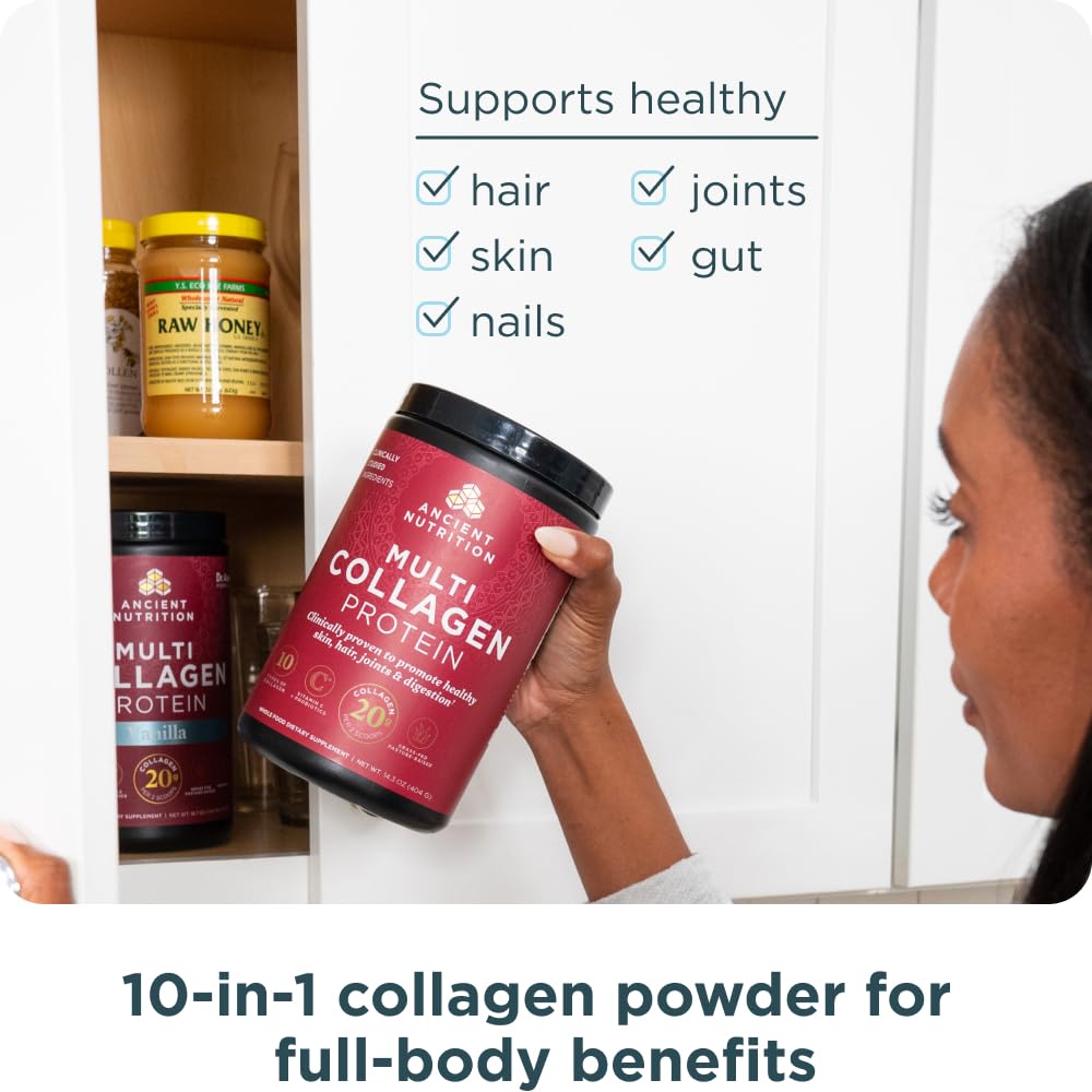 Ancient Nutrition Multi Collagen Protein Powder, 10 Types of Food Sourced Collagen, Providing Types I, II, III, V, and X, 16 Ounce 454.5 g