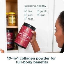 Multi Collagen Protein powder tub held in hand, maroon label and black lid.
