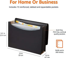 Black A4 expanding file folder front view with curved pocket opening