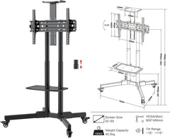 Mobile TV Stand Rolling TV Cart for 32-65 Inch,Height Adjustable Floor TV Stand,Lockable Wheels&Removable Shelf for LCD LED 4K Flat Curved TV,110 lbs,Max VESA 600x400mm,180x76x56cm,Black