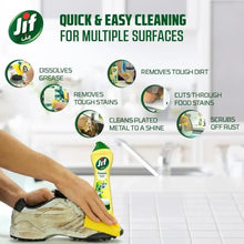 Jif cream cleaner bottle with green cap near a hand wiping a surface