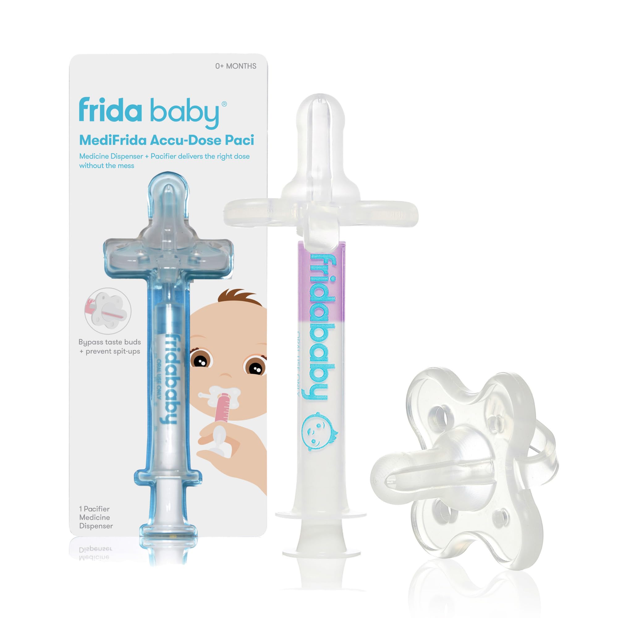 Frida Baby MediFrida Accu-Dose Pacifier medicine dispenser pacifier with clear silicone nipple dosing plunger and shield