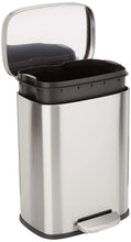 Brushed stainless steel rectangular trash can with soft-close foot pedal, open lid