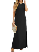 Black sleeveless maxi dress with scoop neck and side slit, side pocket at waist