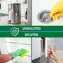 Multipurpose disinfectant cleaner use: gloved hand cleaning kitchen surfaces and a shower drain