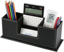 Black PU leather desk organizer with four sections holding pens, cards, calculator, and remote