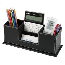 Black PU desk organizer with calculator, pens, and accessories in four compartments.