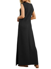 Black sleeveless maxi dress with scoop back and side split at the hem
